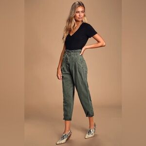Free People Olive Green Paperbag Waist Pleated Trouser Pants